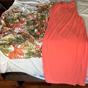 Tropical Print Top and Coral wide leg pant set